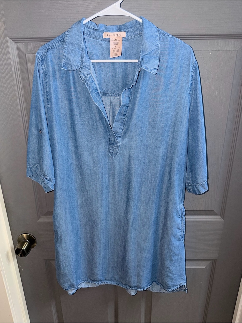 Philosophy Light Blue Denim-Look Short Sleeve Men's Shirt